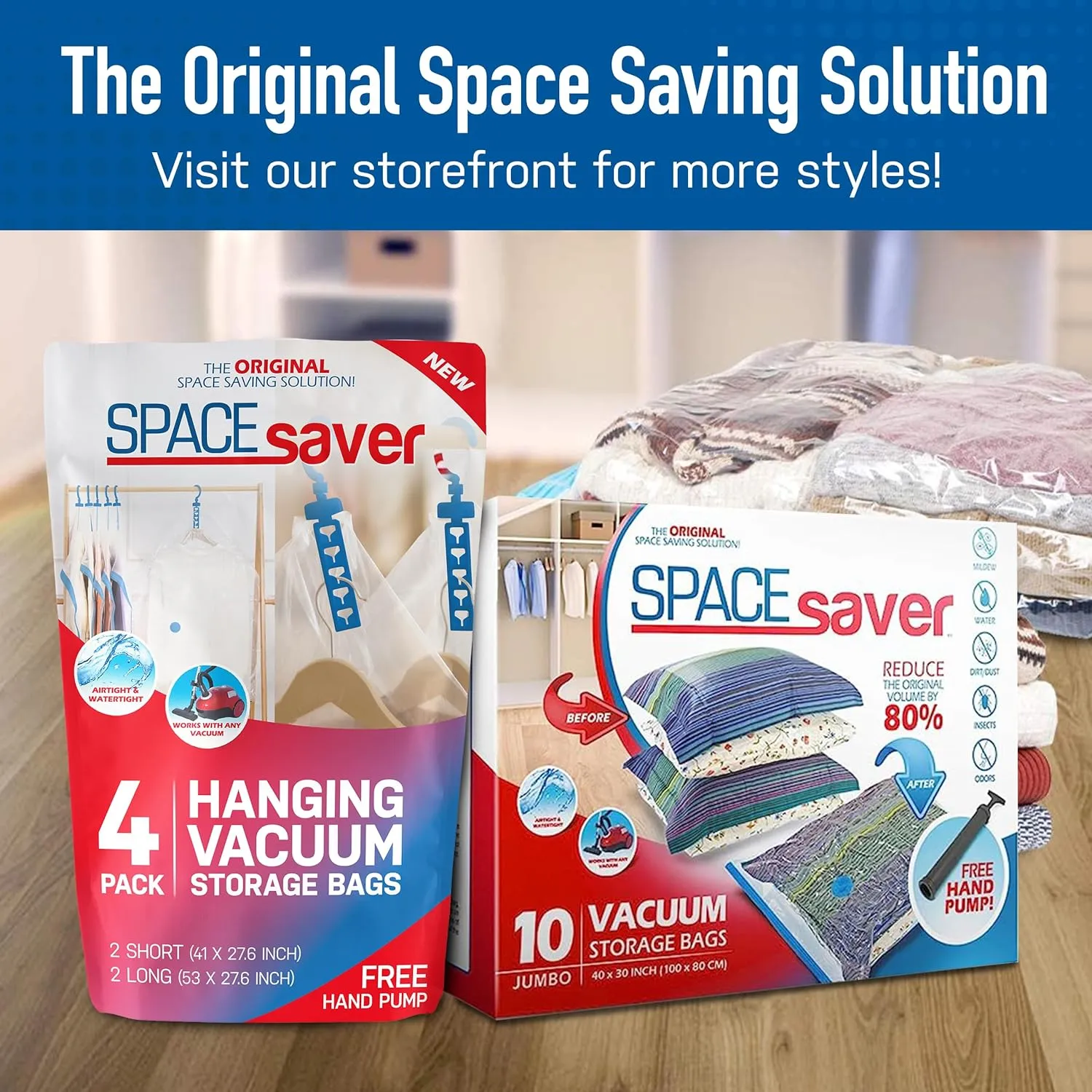 Spacesaver Bags, 80% More Storage, Hand-Pump for Travel, Space Saver Vacuum Storage Bags with Double-Zip Seal and Triple Seal Turbo-Valve for Max Space Saving in storaging Bag (Large 6 Pack)