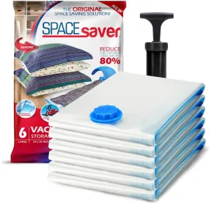 Spacesaver Bags, 80% More Storage, Hand-Pump for Travel, Space Saver Vacuum Storage Bags with Double-Zip Seal and Triple Seal Turbo-Valve for Max Space Saving in storaging Bag (Large 6 Pack)