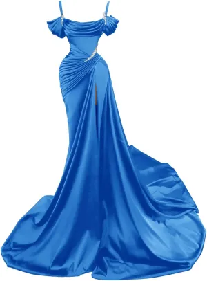 Spaghetti Straps Mermaid Slit Prom Dresses 2024 Beaded Long Satin Formal Evening Gowns for Women