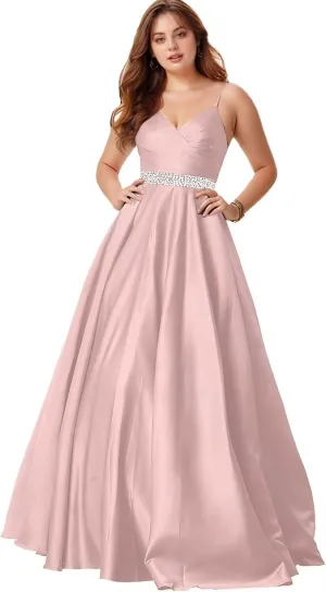 Spaghetti Straps Prom Dress for Women Long Satin Beaded V-Neck Formal Evening Party Ball Gowns with Pockets