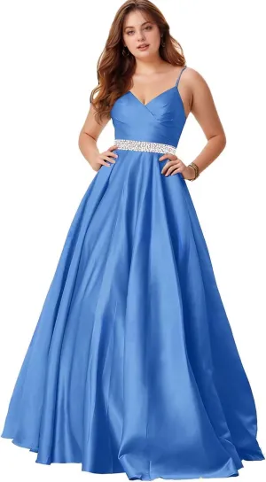 Spaghetti Straps Prom Dress for Women Long Satin Beaded V-Neck Formal Evening Party Ball Gowns with Pockets
