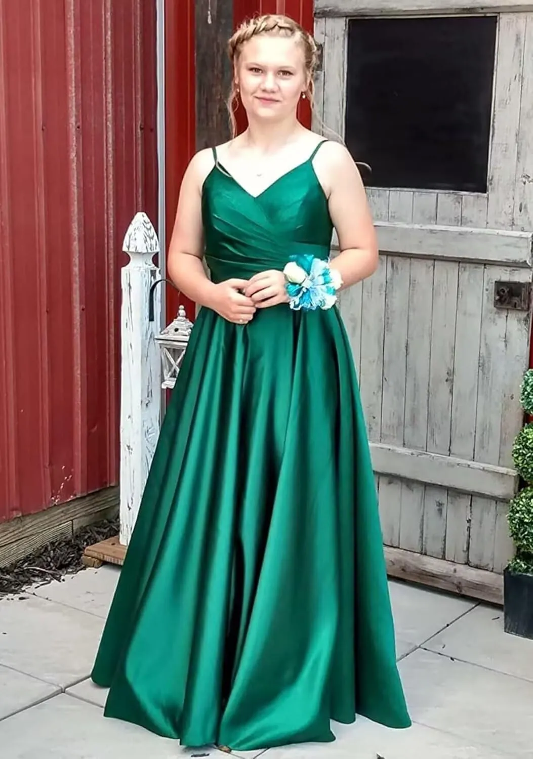 Spaghetti Straps Prom Dress for Women Long Satin Beaded V-Neck Formal Evening Party Ball Gowns with Pockets
