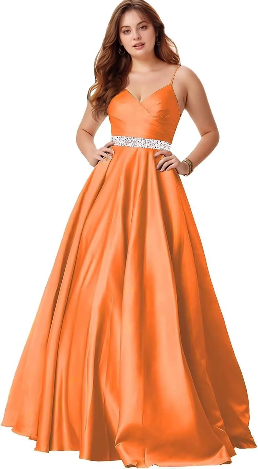 Spaghetti Straps Prom Dress for Women Long Satin Beaded V-Neck Formal Evening Party Ball Gowns with Pockets