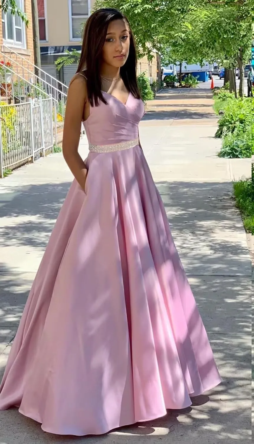 Spaghetti Straps Prom Dress for Women Long Satin Beaded V-Neck Formal Evening Party Ball Gowns with Pockets