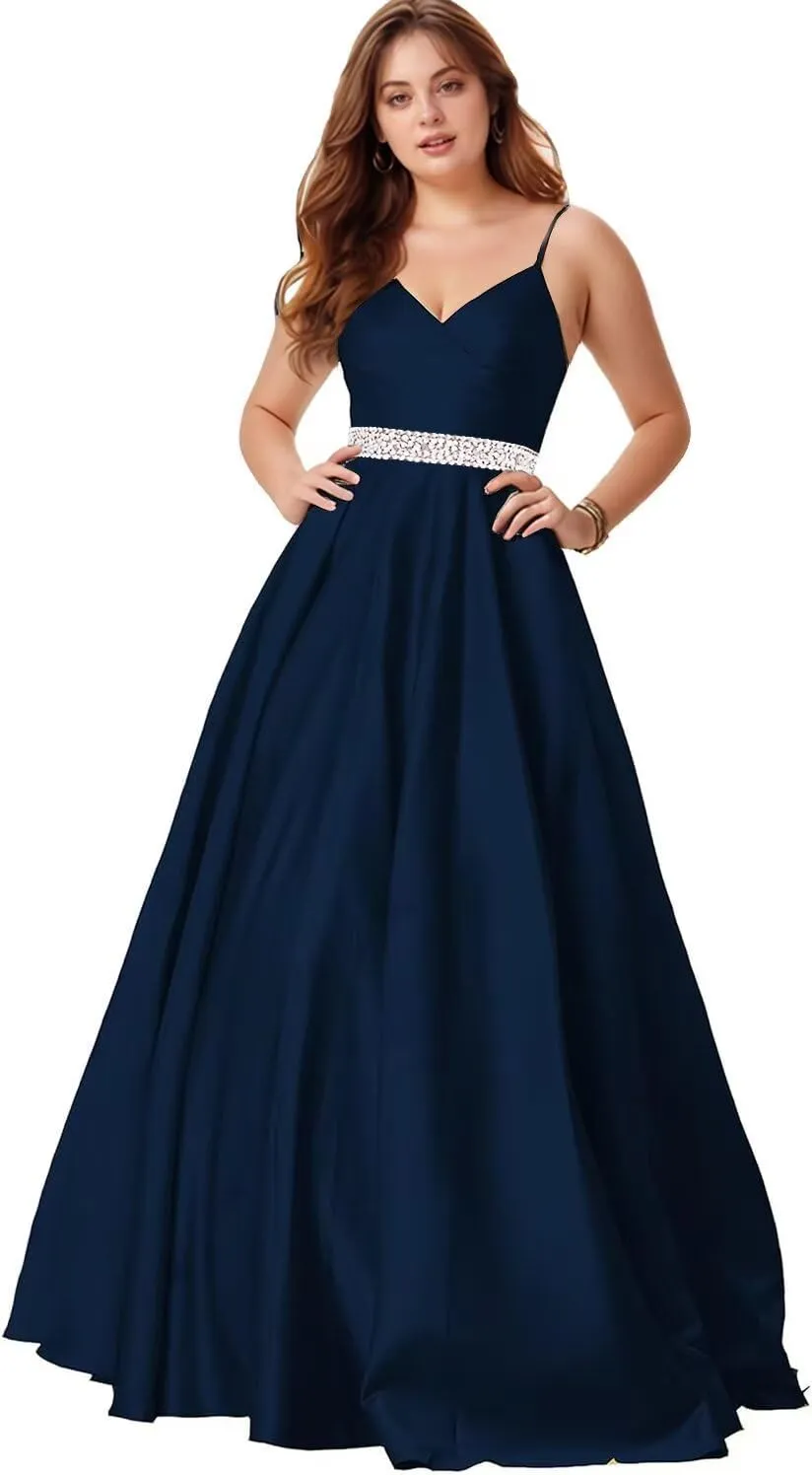 Spaghetti Straps Prom Dress for Women Long Satin Beaded V-Neck Formal Evening Party Ball Gowns with Pockets