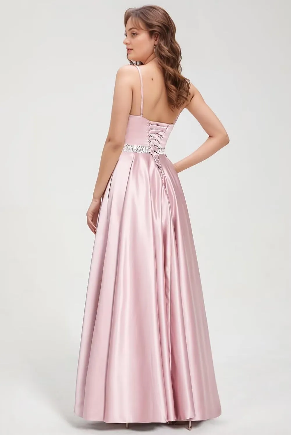 Spaghetti Straps Prom Dress for Women Long Satin Beaded V-Neck Formal Evening Party Ball Gowns with Pockets