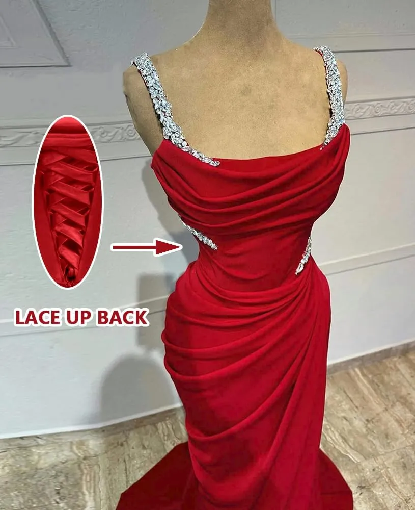 Spaghtti Straps Beaded Prom Dresses 2025 Long Mermaid Slit Satin Formal Evening Party Gowns for Women