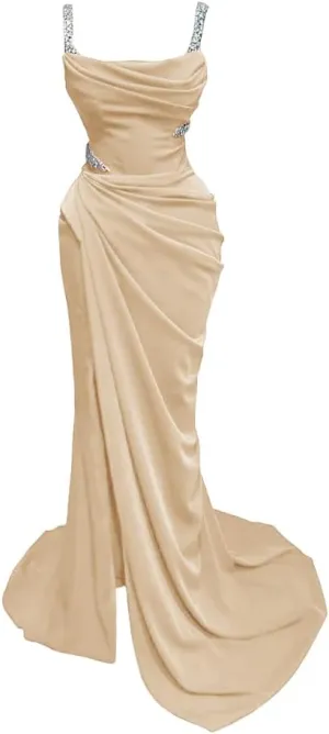 Spaghtti Straps Beaded Prom Dresses 2025 Long Mermaid Slit Satin Formal Evening Party Gowns for Women