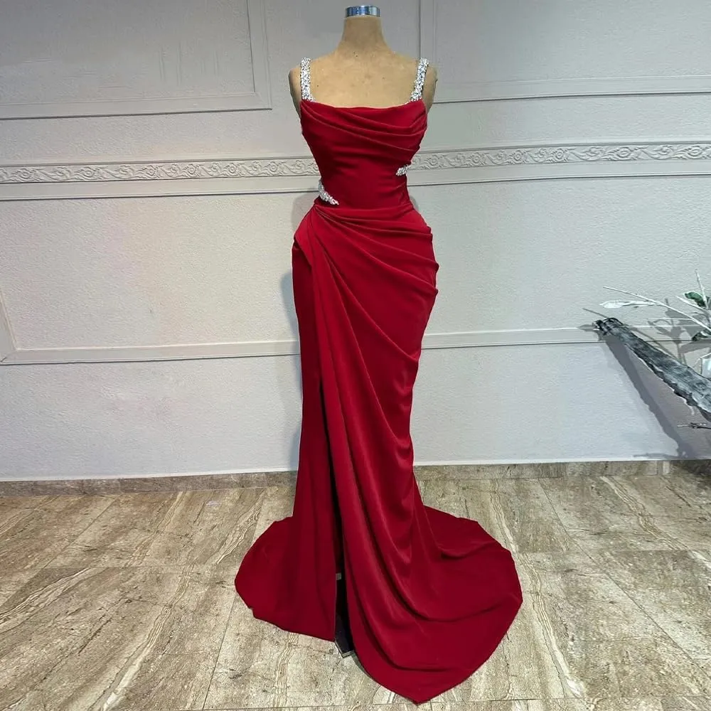 Spaghtti Straps Beaded Prom Dresses 2025 Long Mermaid Slit Satin Formal Evening Party Gowns for Women