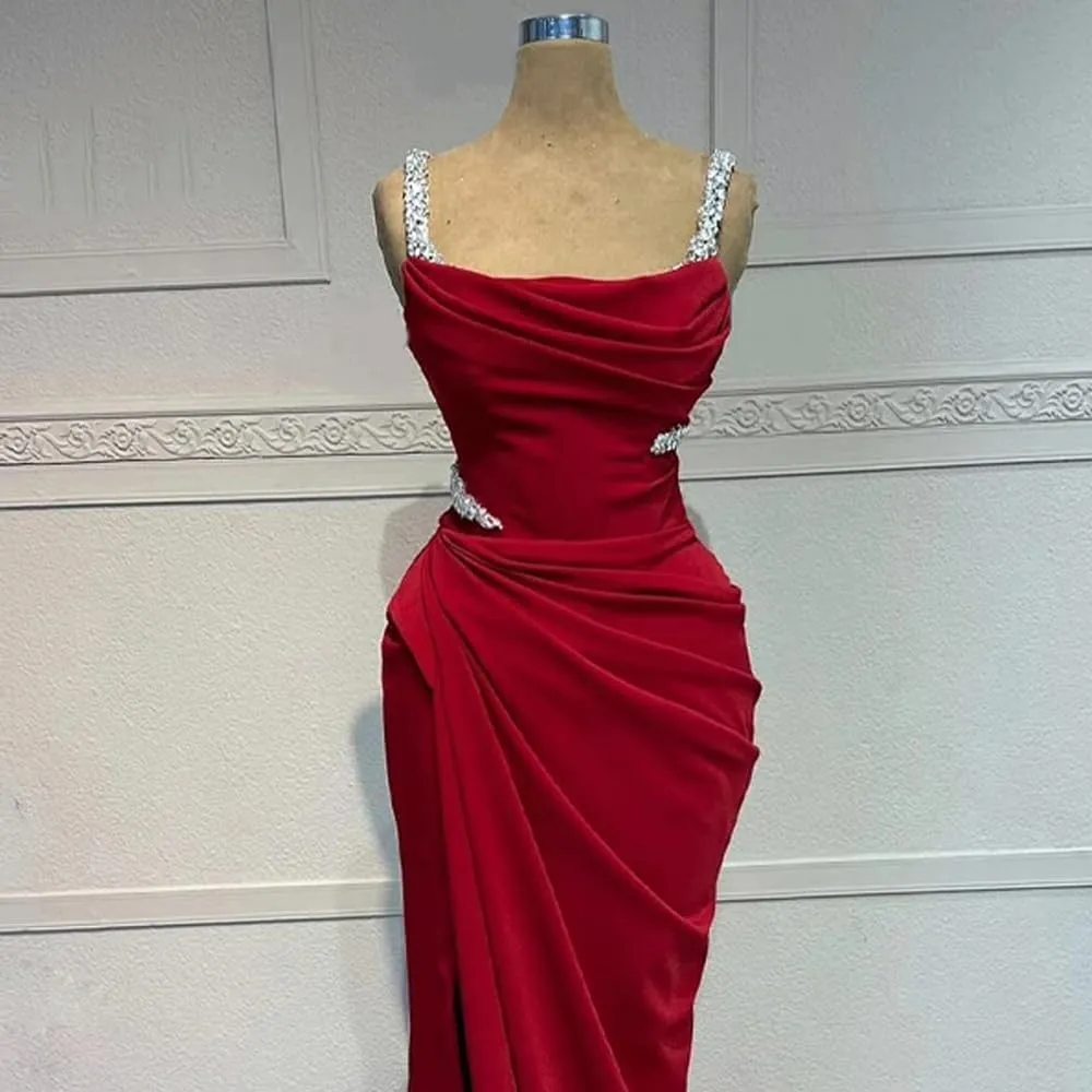 Spaghtti Straps Beaded Prom Dresses 2025 Long Mermaid Slit Satin Formal Evening Party Gowns for Women