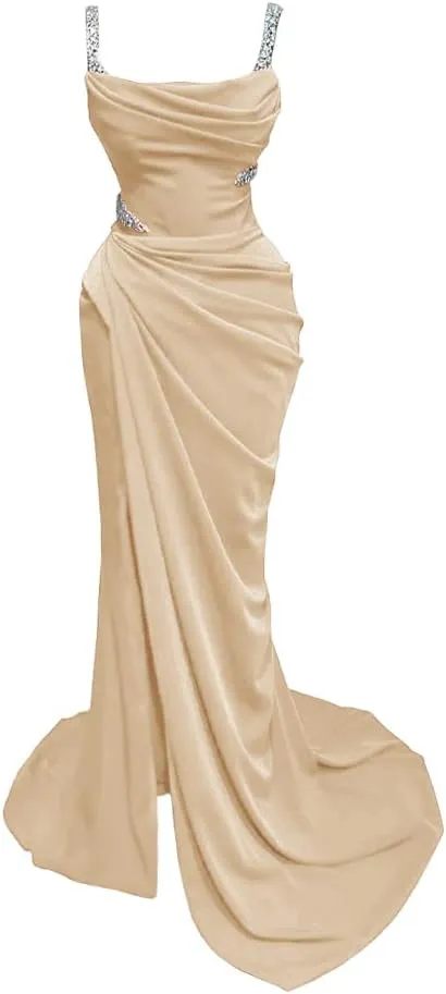 Spaghtti Straps Beaded Prom Dresses 2025 Long Mermaid Slit Satin Formal Evening Party Gowns for Women