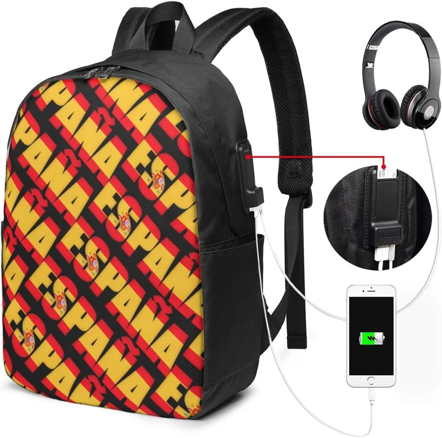 Spain Spanish Espana Flag Laptop Backpacks Travel Backpack Casual Business Daypack Sport Rucksack Computer Bag Fits up to 17 Inch Notebook with USB Port