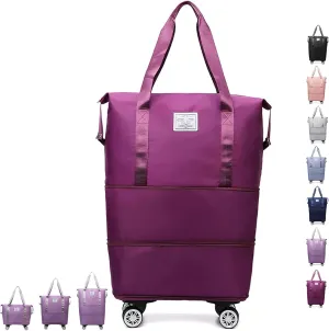 Sparkhomez Travel Bag with Wheels (Detachable), Lightweight Three-Layer Expandable Travel Bag, Large Capacity Dry and Wet Separation Storage Tote Bag, Waterproof and Wear-Resistant (Fuchsia)