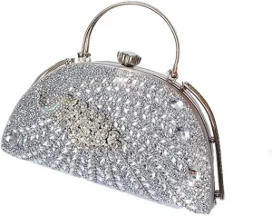 Sparkling Crystal Diamond Evening Handbag Phoenix Pattern Bag with Detachable Chain Strap for Women