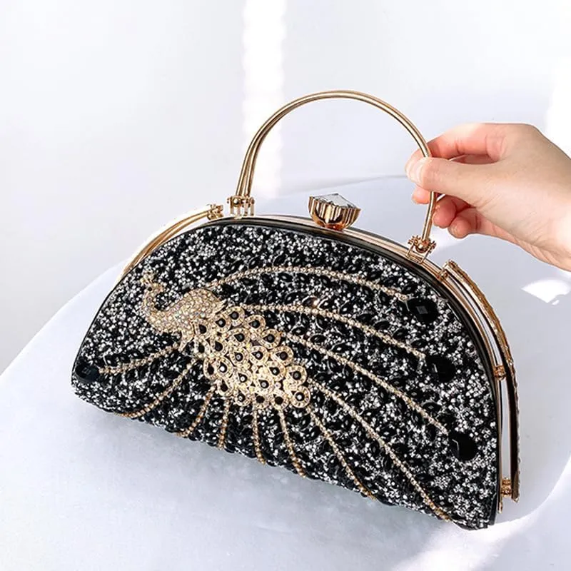 Sparkling Crystal Diamond Evening Handbag Phoenix Pattern Bag with Detachable Chain Strap for Women