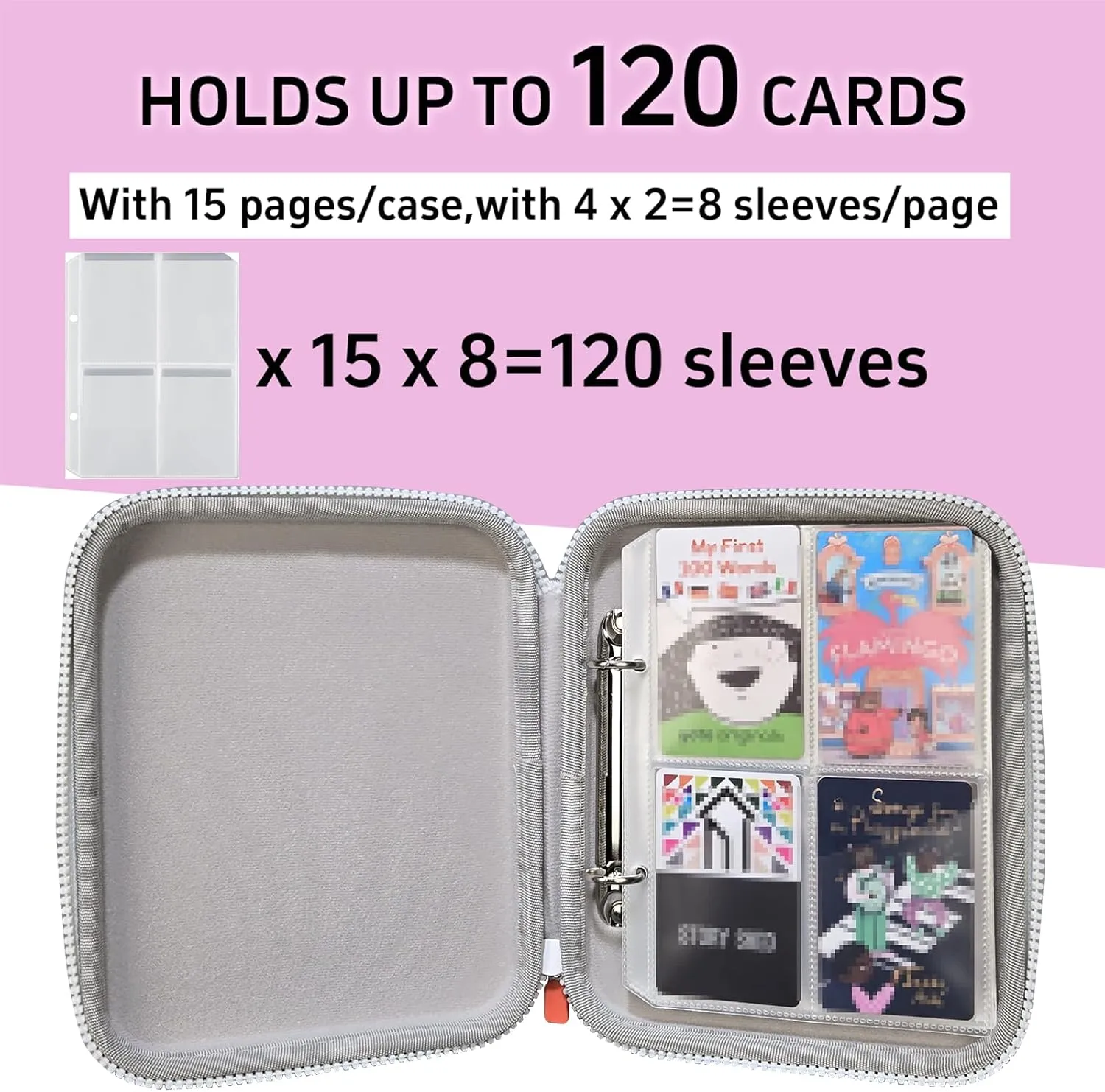 Sparkly Card Holder for YOTO Player Cards - 120 Pockets Portable Binder with Zipper, Carry Strap & Sleeves for Yoto Player/Mini Audiobook Cards, Travel-Friendly Hard Storage Organizer(Pink)