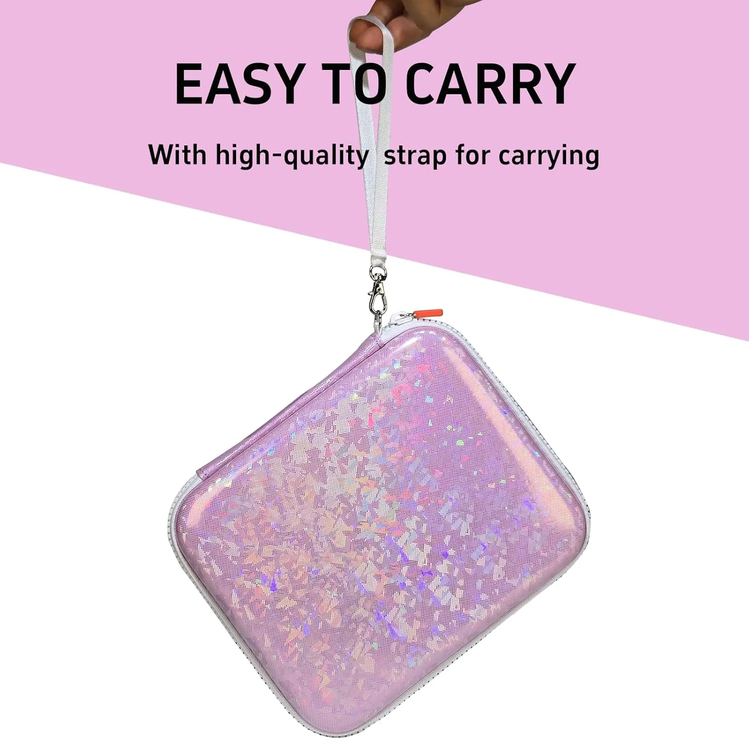 Sparkly Card Holder for YOTO Player Cards - 120 Pockets Portable Binder with Zipper, Carry Strap & Sleeves for Yoto Player/Mini Audiobook Cards, Travel-Friendly Hard Storage Organizer(Pink)