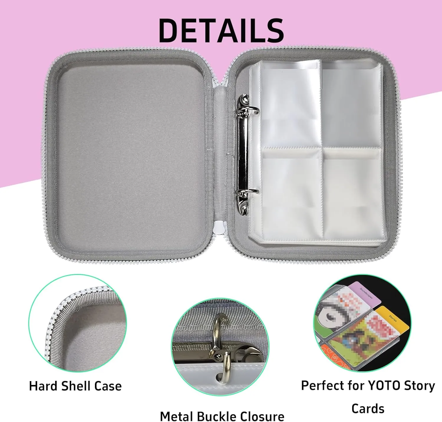 Sparkly Card Holder for YOTO Player Cards - 120 Pockets Portable Binder with Zipper, Carry Strap & Sleeves for Yoto Player/Mini Audiobook Cards, Travel-Friendly Hard Storage Organizer(Pink)