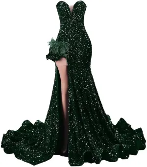 Sparkly Mermaid Sequin Dress Sexy High Split Prom Gowns Velvet Sweet Long Ball Dress Pageant Celebrity Evening Party