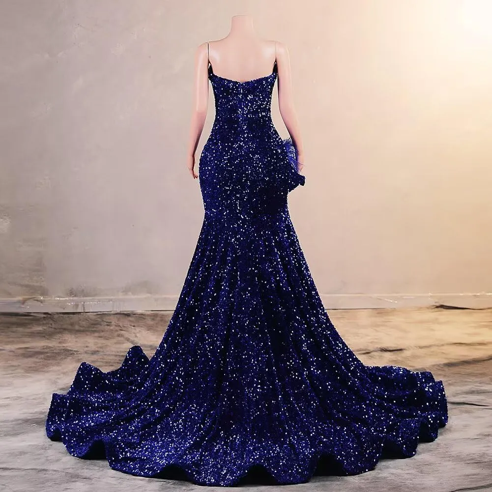 Sparkly Mermaid Sequin Dress Sexy High Split Prom Gowns Velvet Sweet Long Ball Dress Pageant Celebrity Evening Party