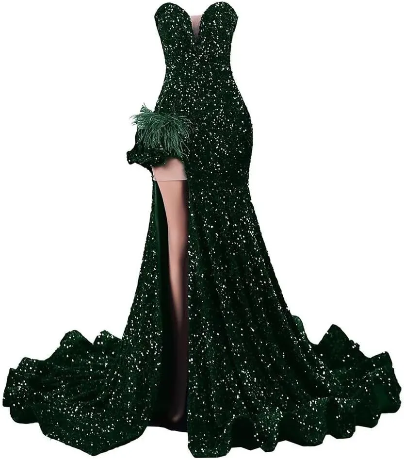 Sparkly Mermaid Sequin Dress Sexy High Split Prom Gowns Velvet Sweet Long Ball Dress Pageant Celebrity Evening Party