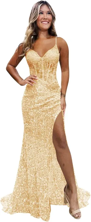 Sparkly Sequins Prom Dresses Long Mermaid Evening Dress with Slit Lace Appliques Corset Evening Formal Gown