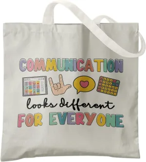 Speech Therapy Gifts Tote Bag, Speech Language Pathologist SLP Gifts Canvas Tote Bags, Communication Looks Different for Everyone AAC Speechie SLPA Reusable Grocery Shopping Bags