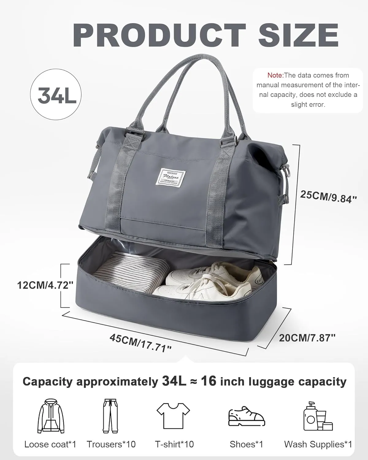 Spirit Travel Duffel - 18x14x8 Inches Weekender Overnight Bag with Shoes Compartment, Trolley Sleeve & Carry On for Airplanes, Sport Tote Gym Bag - Grey