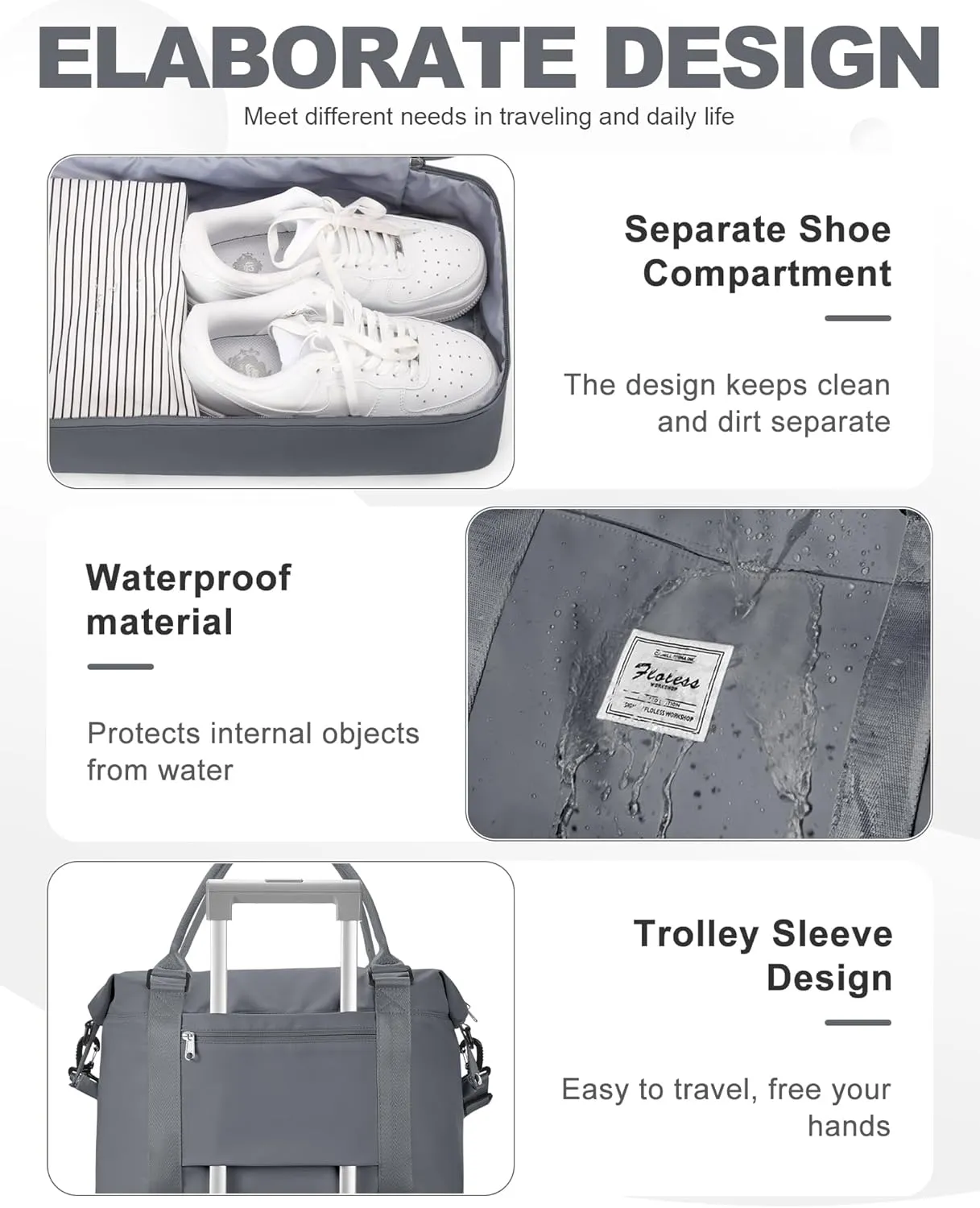 Spirit Travel Duffel - 18x14x8 Inches Weekender Overnight Bag with Shoes Compartment, Trolley Sleeve & Carry On for Airplanes, Sport Tote Gym Bag - Grey