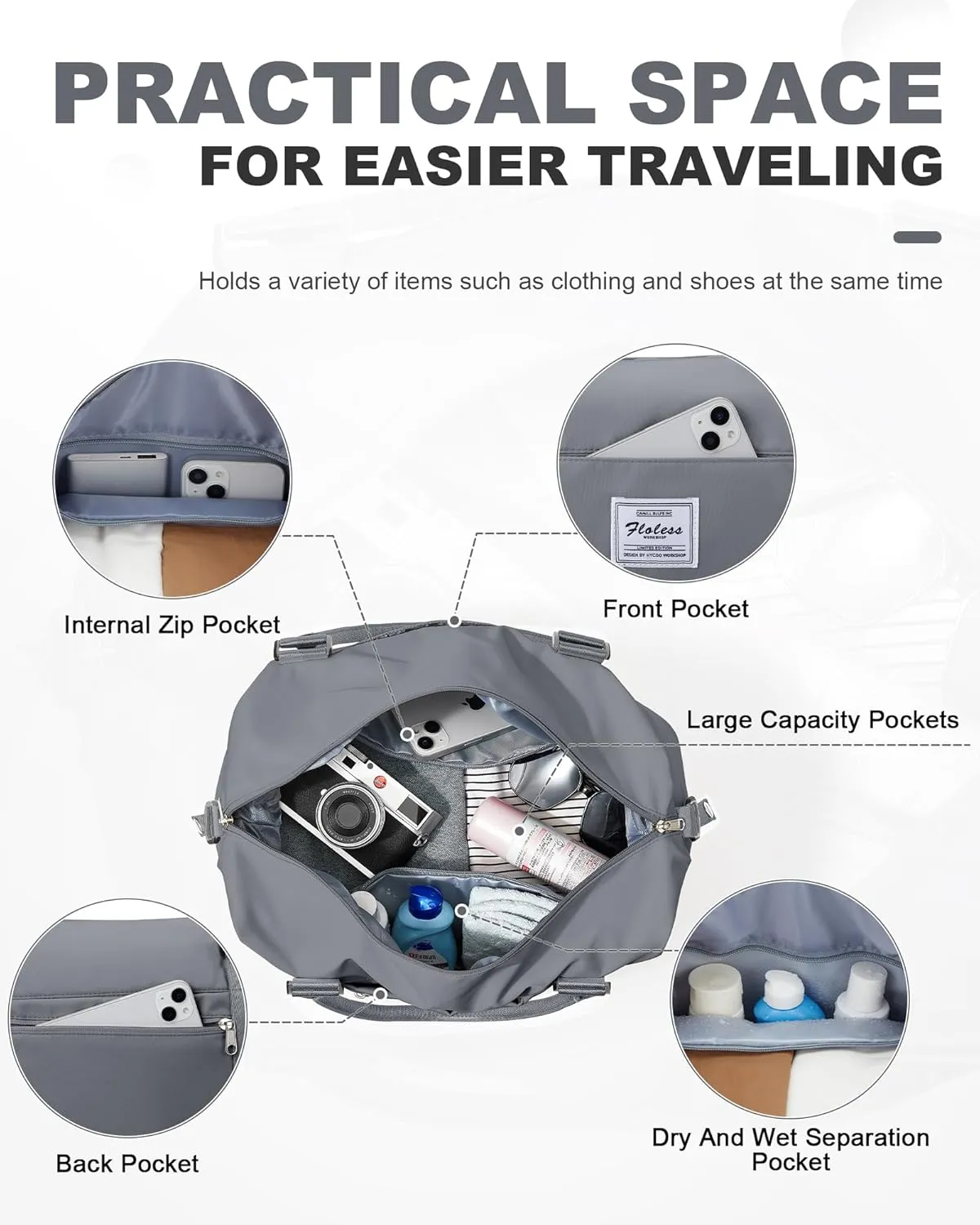 Spirit Travel Duffel - 18x14x8 Inches Weekender Overnight Bag with Shoes Compartment, Trolley Sleeve & Carry On for Airplanes, Sport Tote Gym Bag - Grey