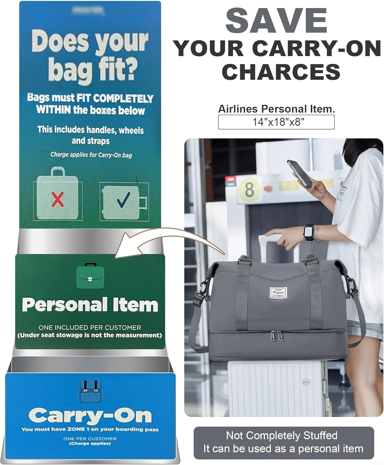 Spirit Travel Duffel - 18x14x8 Inches Weekender Overnight Bag with Shoes Compartment, Trolley Sleeve & Carry On for Airplanes, Sport Tote Gym Bag - Grey