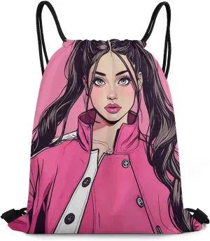 Sports Storage Drawstring Bags American Pink Woman Art for Gym, Swim, Party, Workout and Travel, Unisex-Adult Water Resistant String Backpack