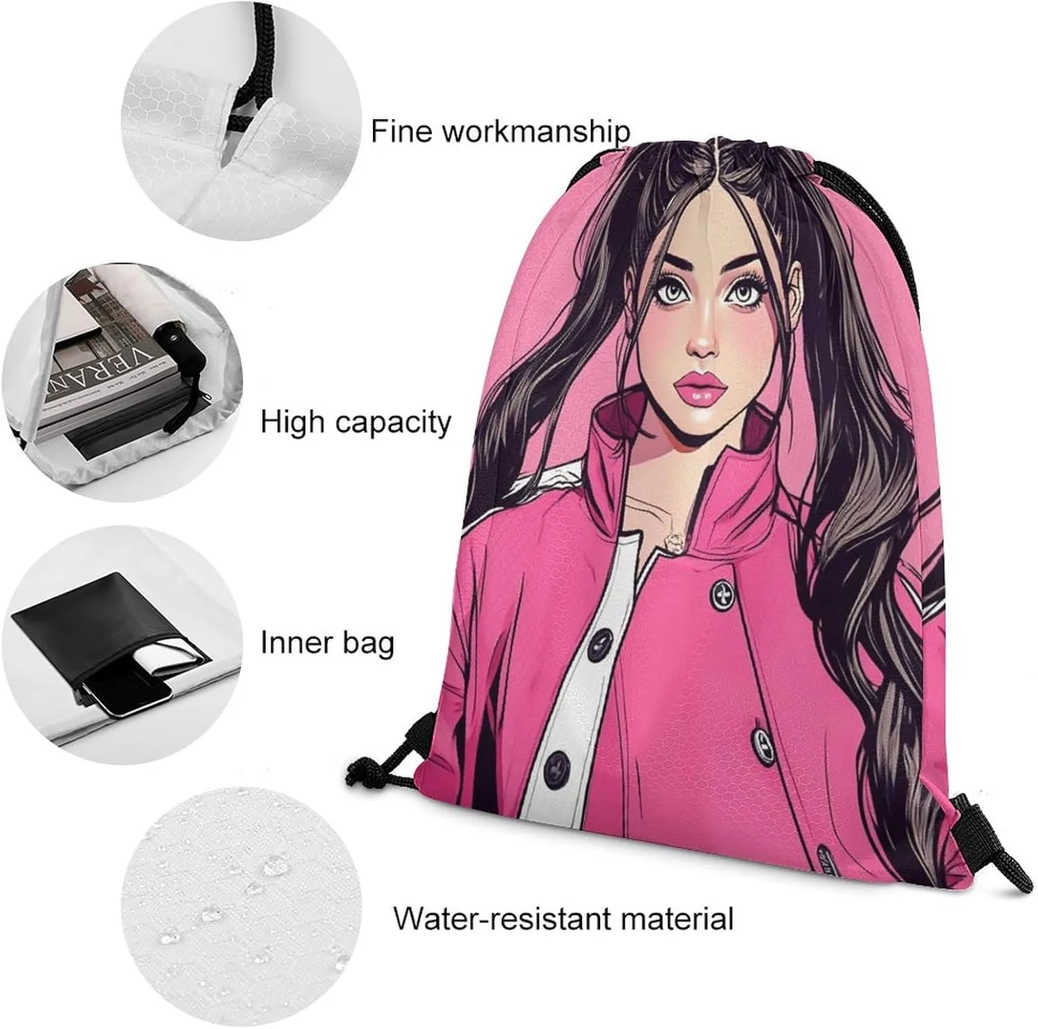 Sports Storage Drawstring Bags American Pink Woman Art for Gym, Swim, Party, Workout and Travel, Unisex-Adult Water Resistant String Backpack