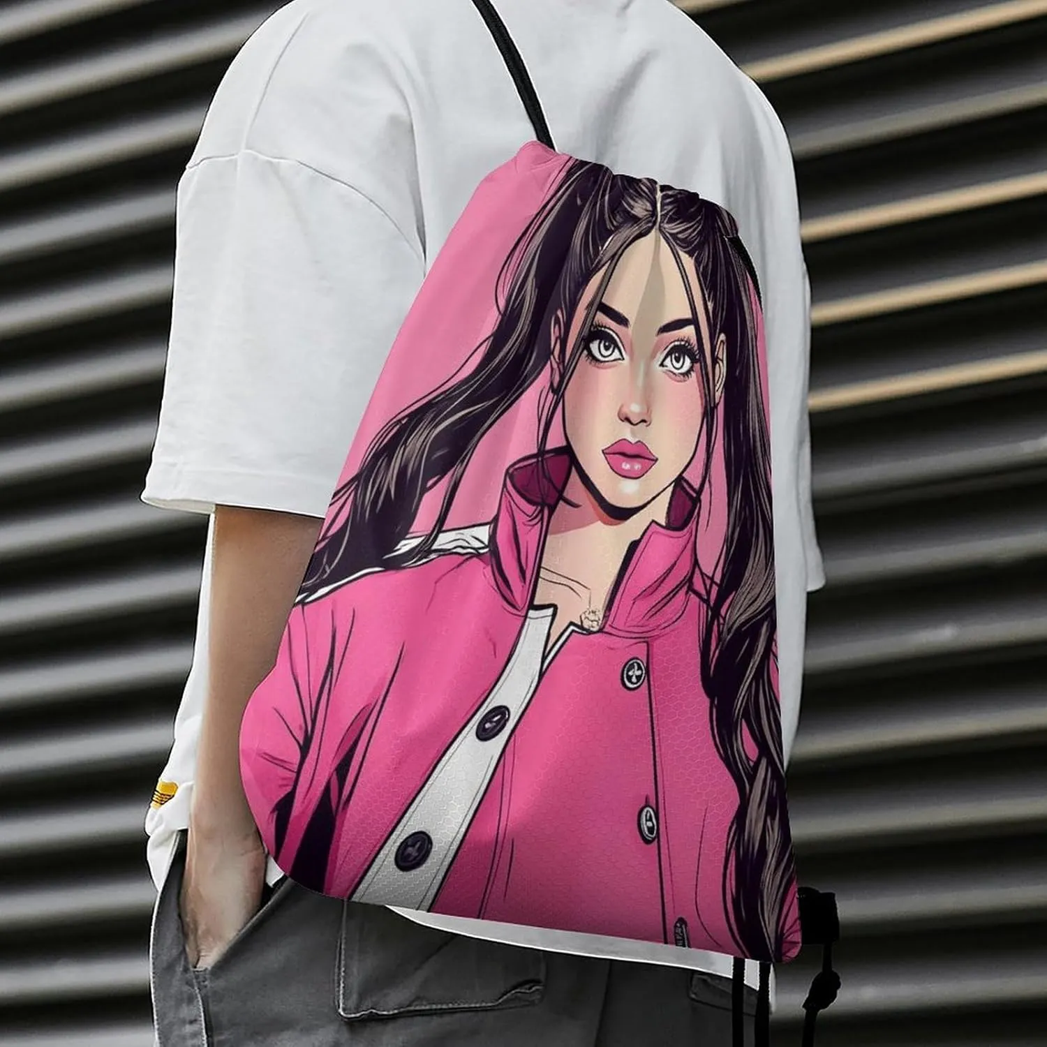 Sports Storage Drawstring Bags American Pink Woman Art for Gym, Swim, Party, Workout and Travel, Unisex-Adult Water Resistant String Backpack
