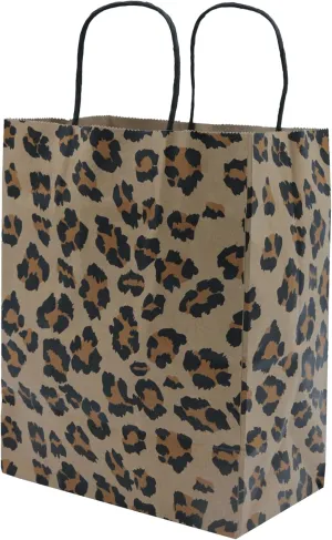SSWBasics Medium Brown Leopard Print Paper Shopping Bags - Case of 100 - 8 ¼”L x 4 ¾”D x 10 ½”H - Medium Paper Bags with Handles - Stylish Animal Print Gift Bags for Boutique, Retail, Thrift Stores -