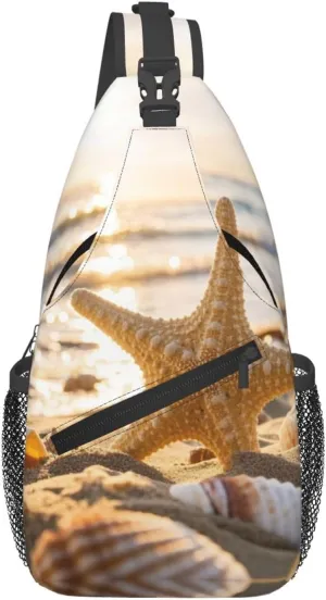 Starfish Seashell Sandy Beach Theme Print Men's and Women's Crossbody Bags, Casual and Fashionable Single Shoulder Backpacks,Suitable for Hiking Chest Bags