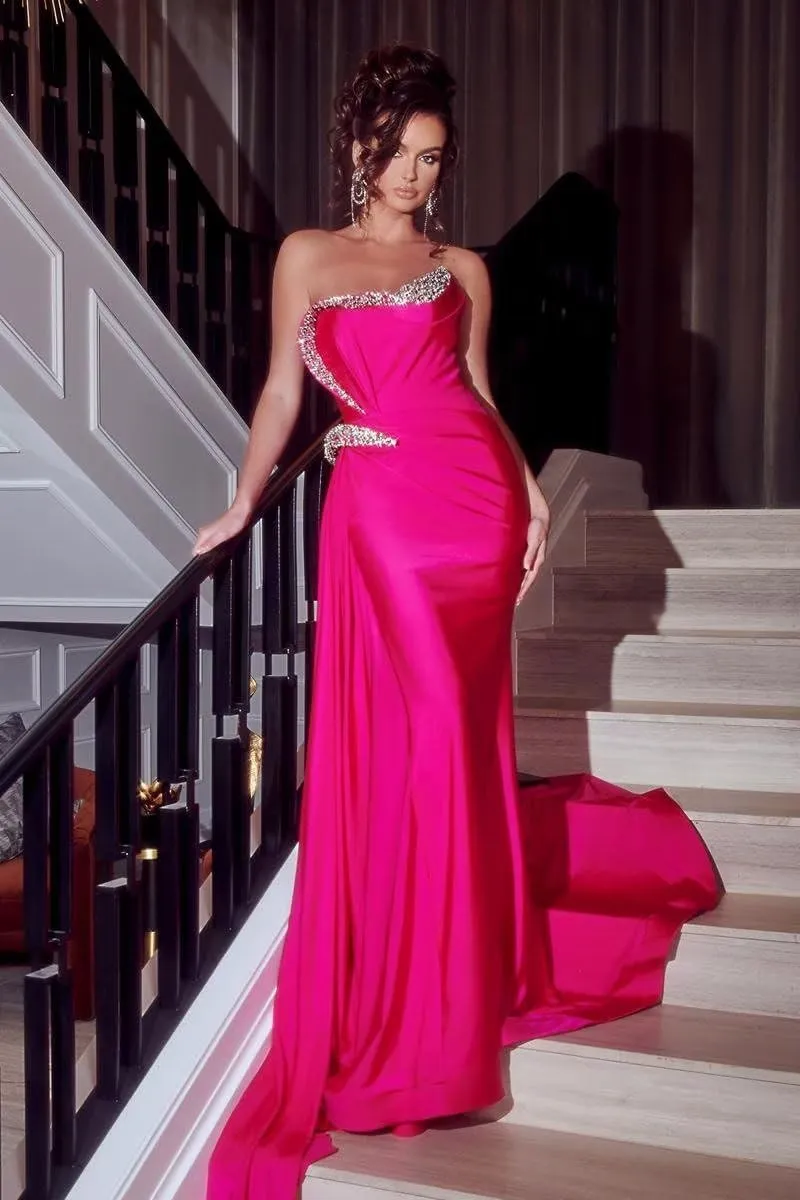 Strapless Beaded Mermaid Prom Dresses 2024 Long Satin Sweetheart Formal Evening Party Bridesmaid Gowns for Wedding with Slit