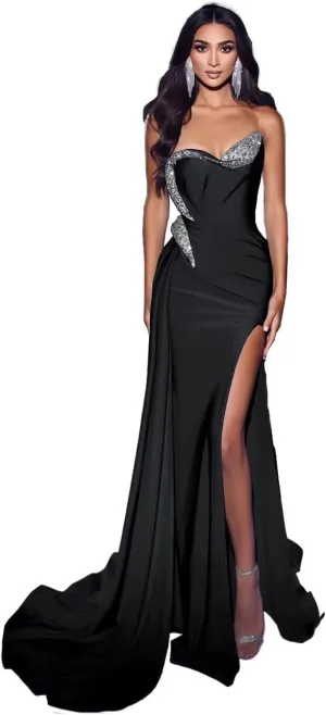 Strapless Beaded Mermaid Prom Dresses 2024 Long Satin Sweetheart Formal Evening Party Bridesmaid Gowns for Wedding with Slit