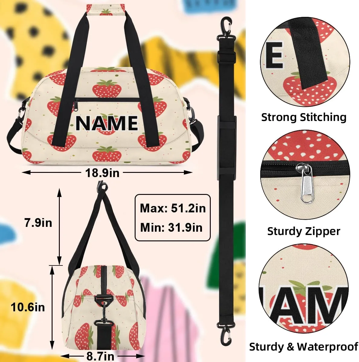 Strawberry Custom Small Gym Bag 18 inch for Women Men Personalized Strawberries Carry On Overnight Weekender Bag for Travel Work Dance Sport