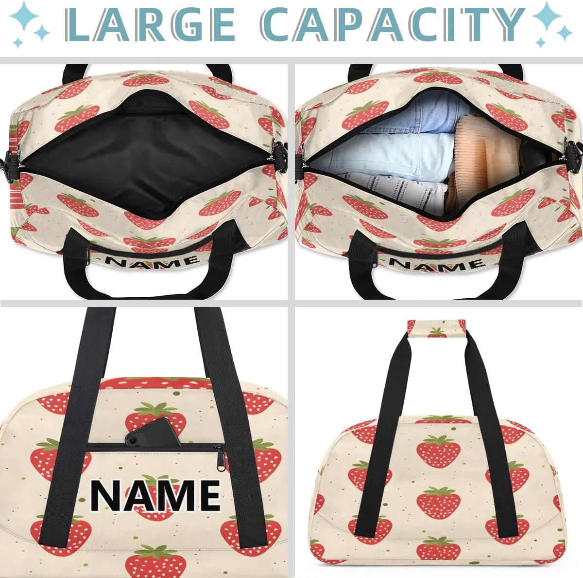 Strawberry Custom Small Gym Bag 18 inch for Women Men Personalized Strawberries Carry On Overnight Weekender Bag for Travel Work Dance Sport