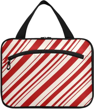 Stripe Red White Broad Line hanging travel makeup bag with hook, designer compact for essentials for women maletín para maquillaje L