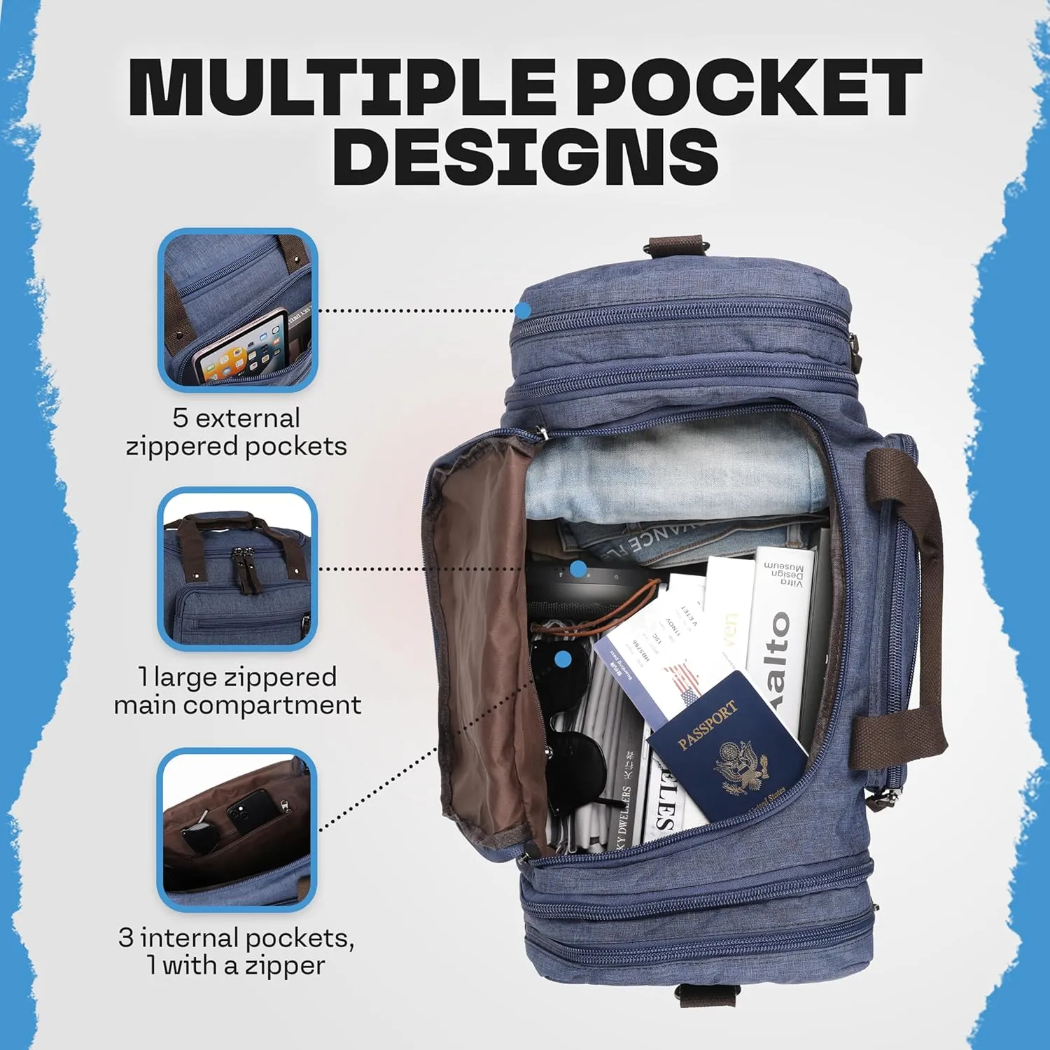 Stylish Duffle Bag for Travel – Expandable to 40L Lightweight and Waterproof Weekender Bag with Multiple Pockets and Adjustable Shoulder Strap for Men & Women – A Premium Carry On Duffle Bag