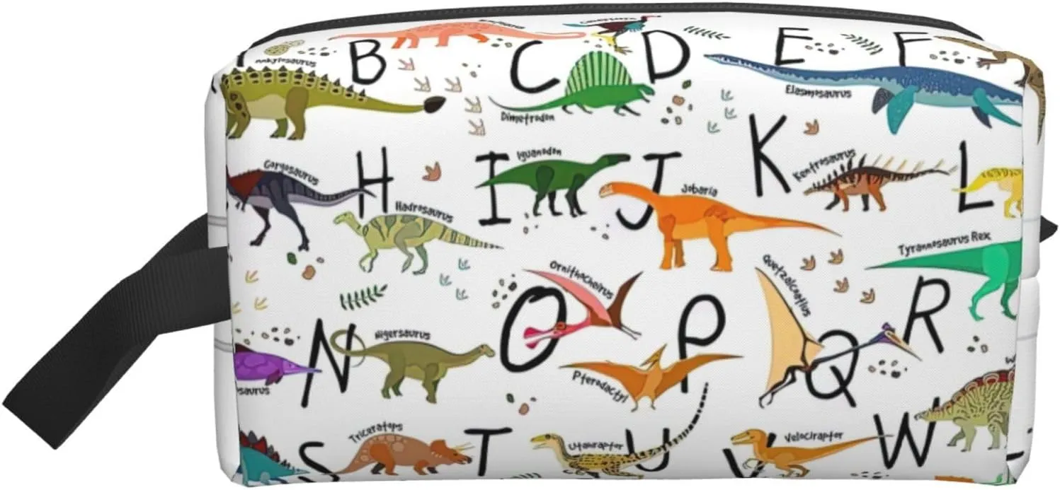 Stylish Learning Alphabets with Dinosaurs Print Large Capacity Cosmetic Organizer for Women and Men Portable Travel Makeup Pouch