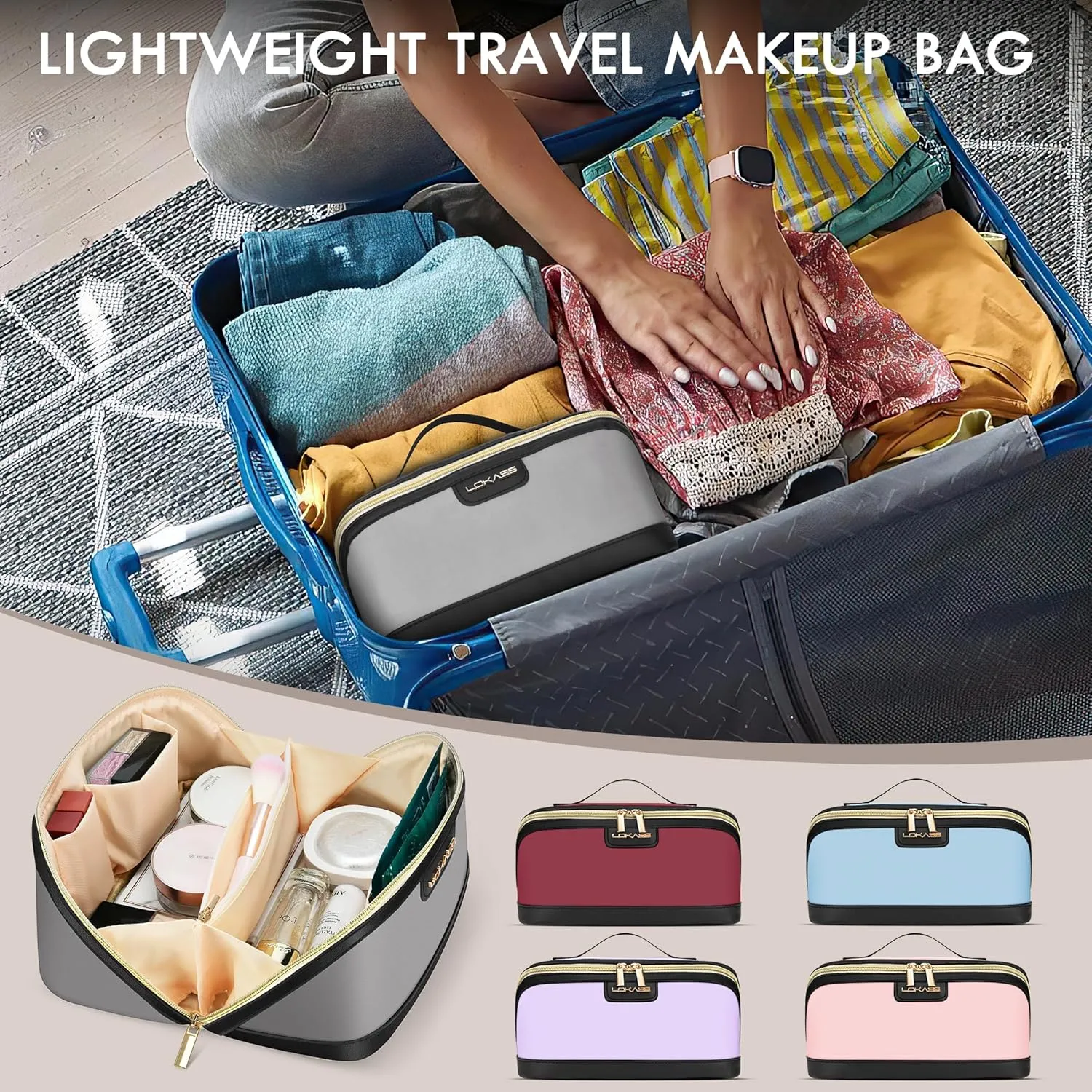 Stylish Travel Makeup Bag for Women - Large Capacity Waterproof PU & Cosmetic Organizer with Divider and Handle, Open Flat Toiletry Bag, Spring Break Essentials & Travel Accessories - Grey