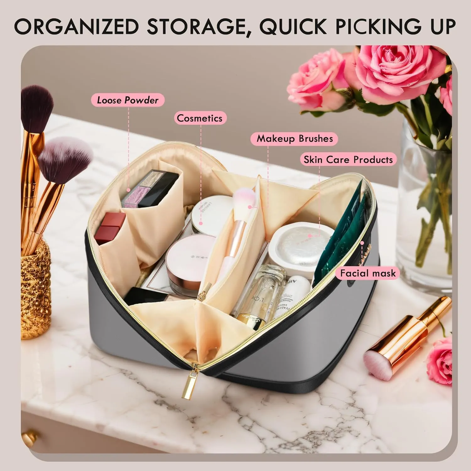 Stylish Travel Makeup Bag for Women - Large Capacity Waterproof PU & Cosmetic Organizer with Divider and Handle, Open Flat Toiletry Bag, Spring Break Essentials & Travel Accessories - Grey
