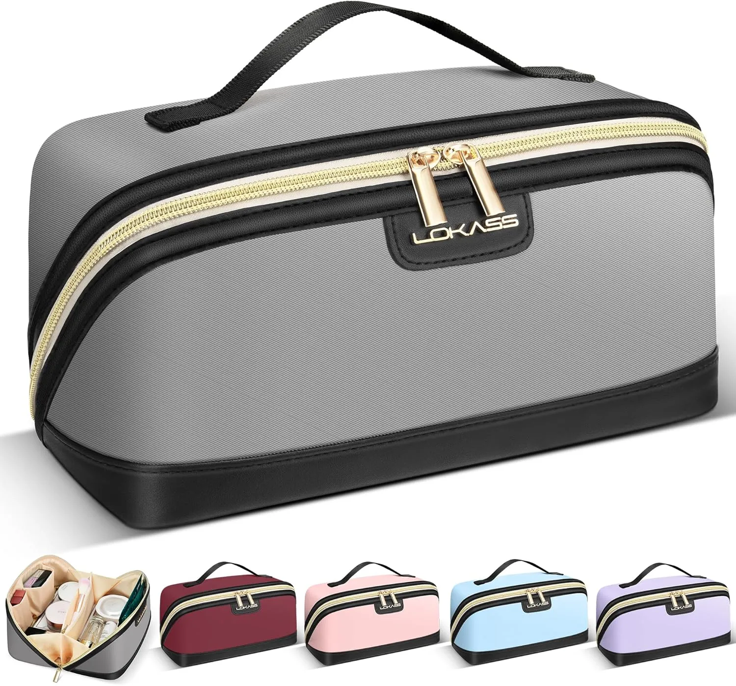 Stylish Travel Makeup Bag for Women - Large Capacity Waterproof PU & Cosmetic Organizer with Divider and Handle, Open Flat Toiletry Bag, Spring Break Essentials & Travel Accessories - Grey