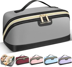 Stylish Travel Makeup Bag for Women - Large Capacity Waterproof PU & Cosmetic Organizer with Divider and Handle, Open Flat Toiletry Bag, Spring Break Essentials & Travel Accessories - Grey