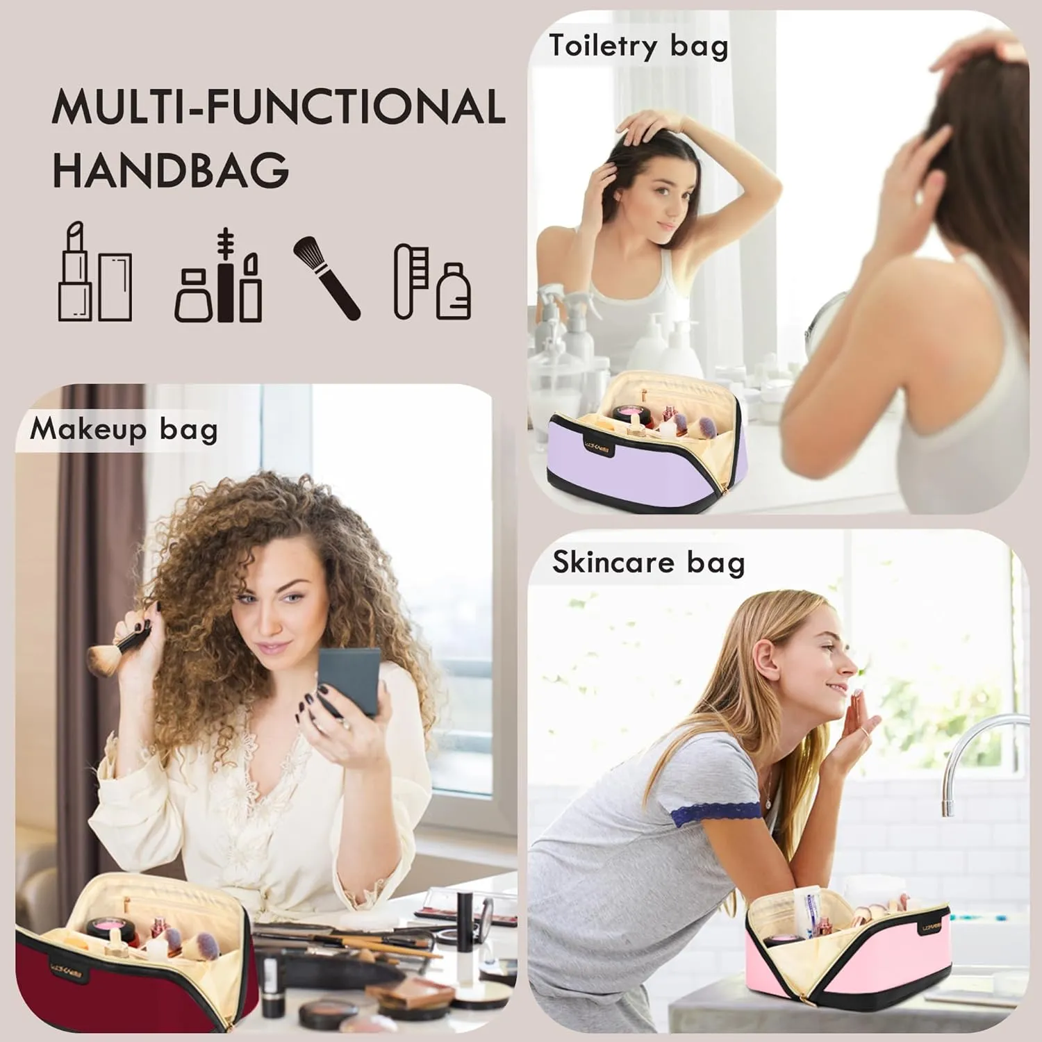 Stylish Travel Makeup Bag for Women - Large Capacity Waterproof PU & Cosmetic Organizer with Divider and Handle, Open Flat Toiletry Bag, Spring Break Essentials & Travel Accessories - Grey