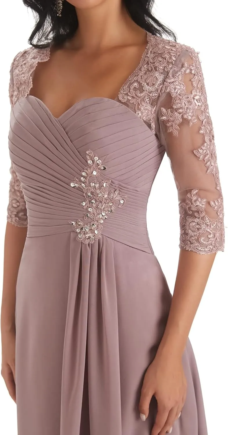 Sukleet Women's Tea Length Mother of The Bride Dresses for Wedding Short Sleeves Lace Applique Formal Evening Prom Gowns