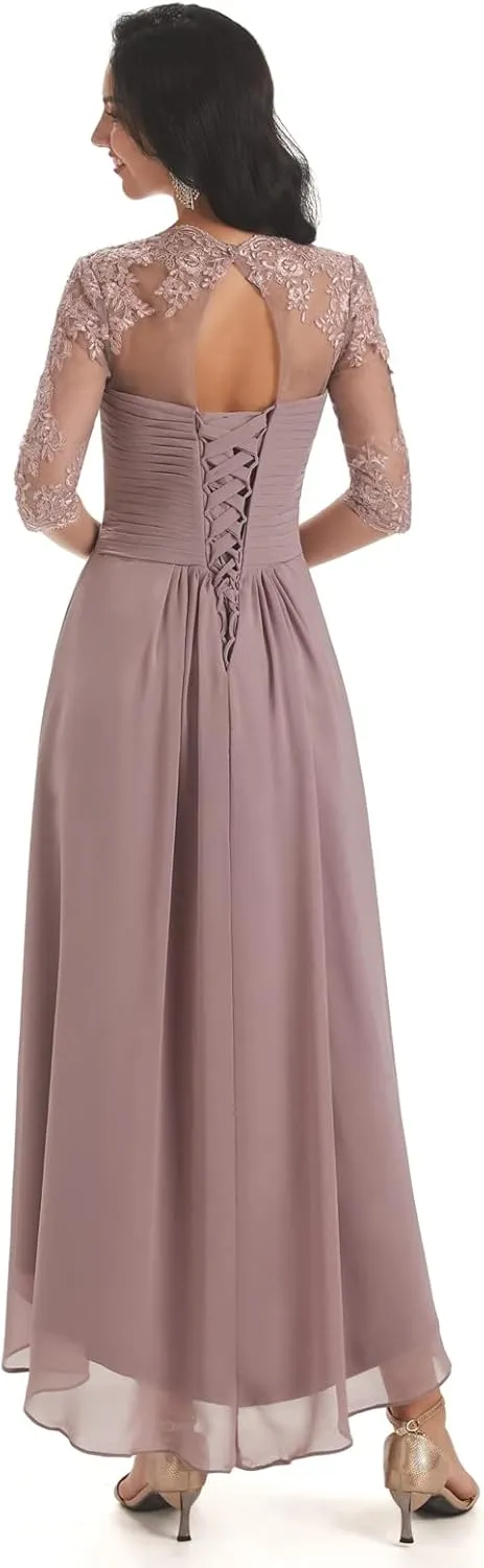 Sukleet Women's Tea Length Mother of The Bride Dresses for Wedding Short Sleeves Lace Applique Formal Evening Prom Gowns